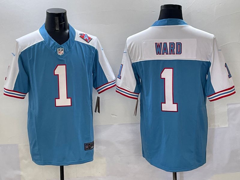 Men 2025 Tennessee Titans 1 Ward Light Blue white Throwback Three generations Nike Limited NFL Jersey style 2